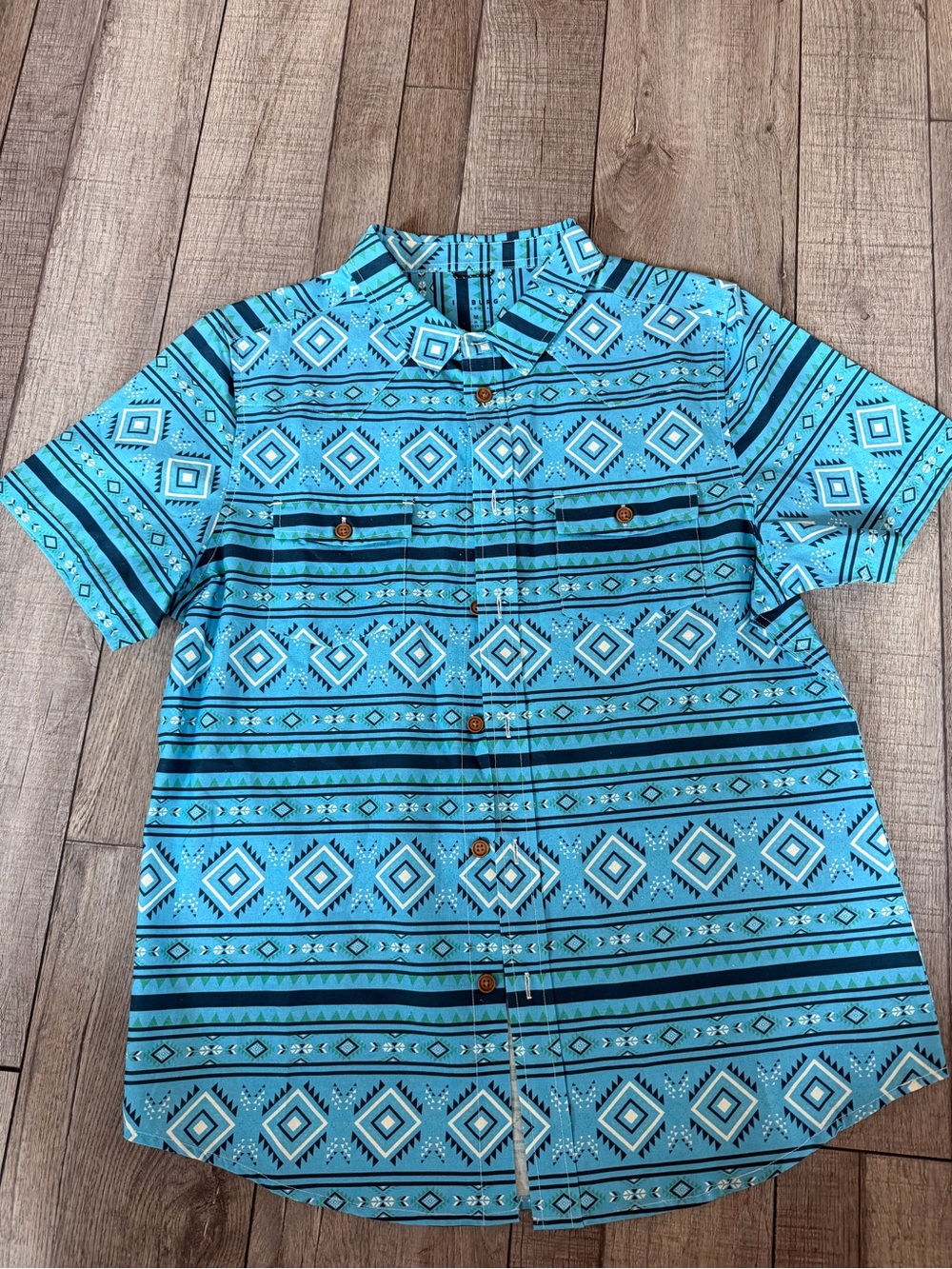 Men's Casual Short-Sleeve Button-Down Shirt - Aqua Geometric
